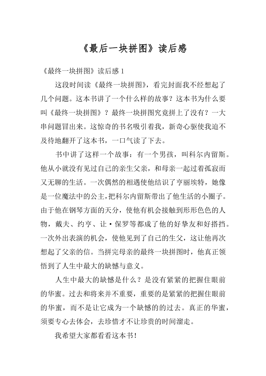 《最后一块拼图》读后感汇总.docx_第1页