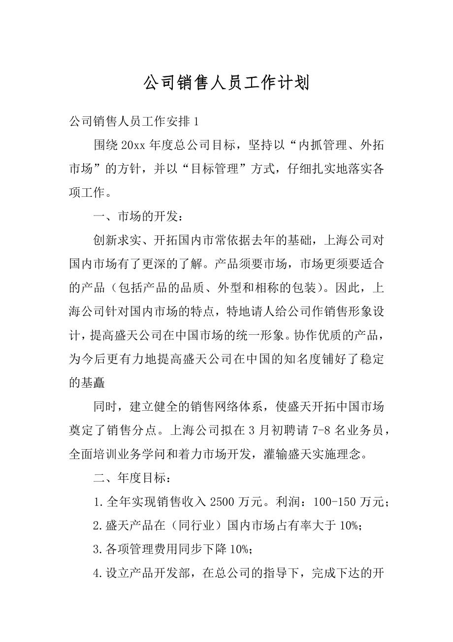 公司销售人员工作计划例文.docx_第1页