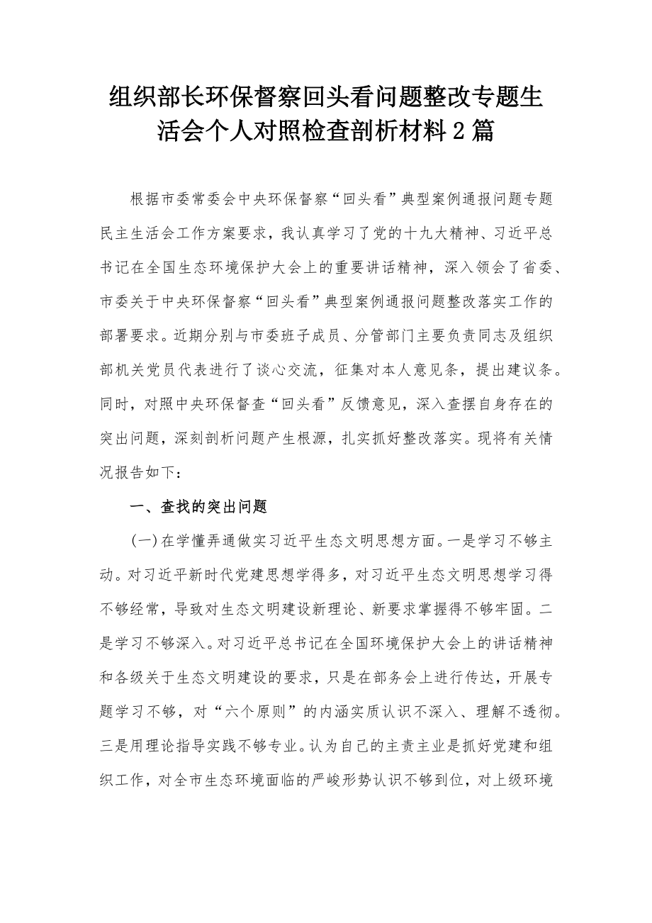 组织部长环保督察回头看问题整改专题生活会个人对照检查剖析材料2篇.docx_第1页