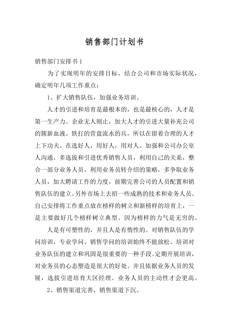 销售部门计划书精选.docx_第1页