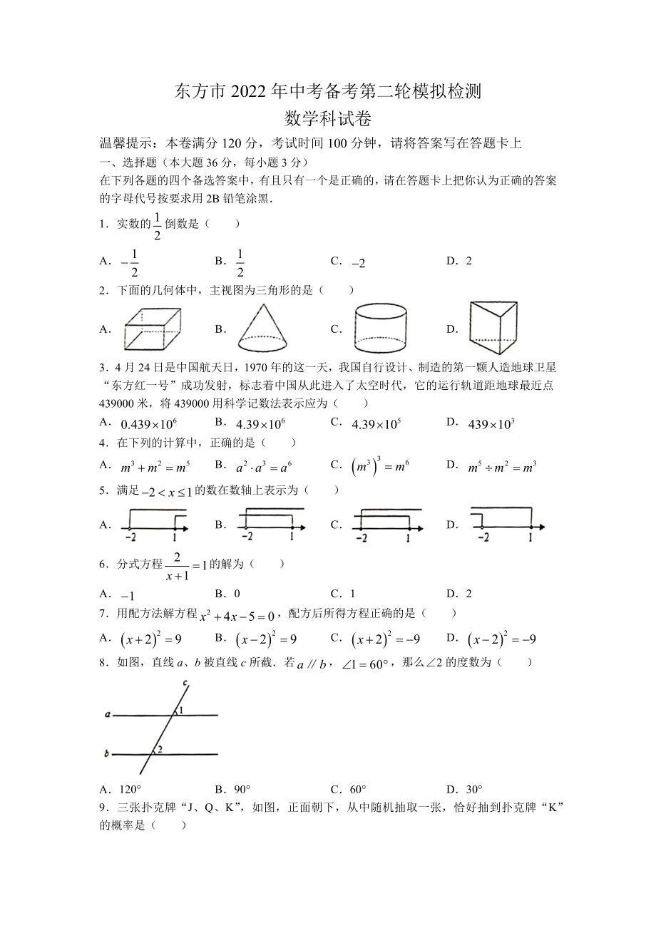 2022年海南省东方市中考备考第二轮模拟检测数学试题(含答案).docx_第1页