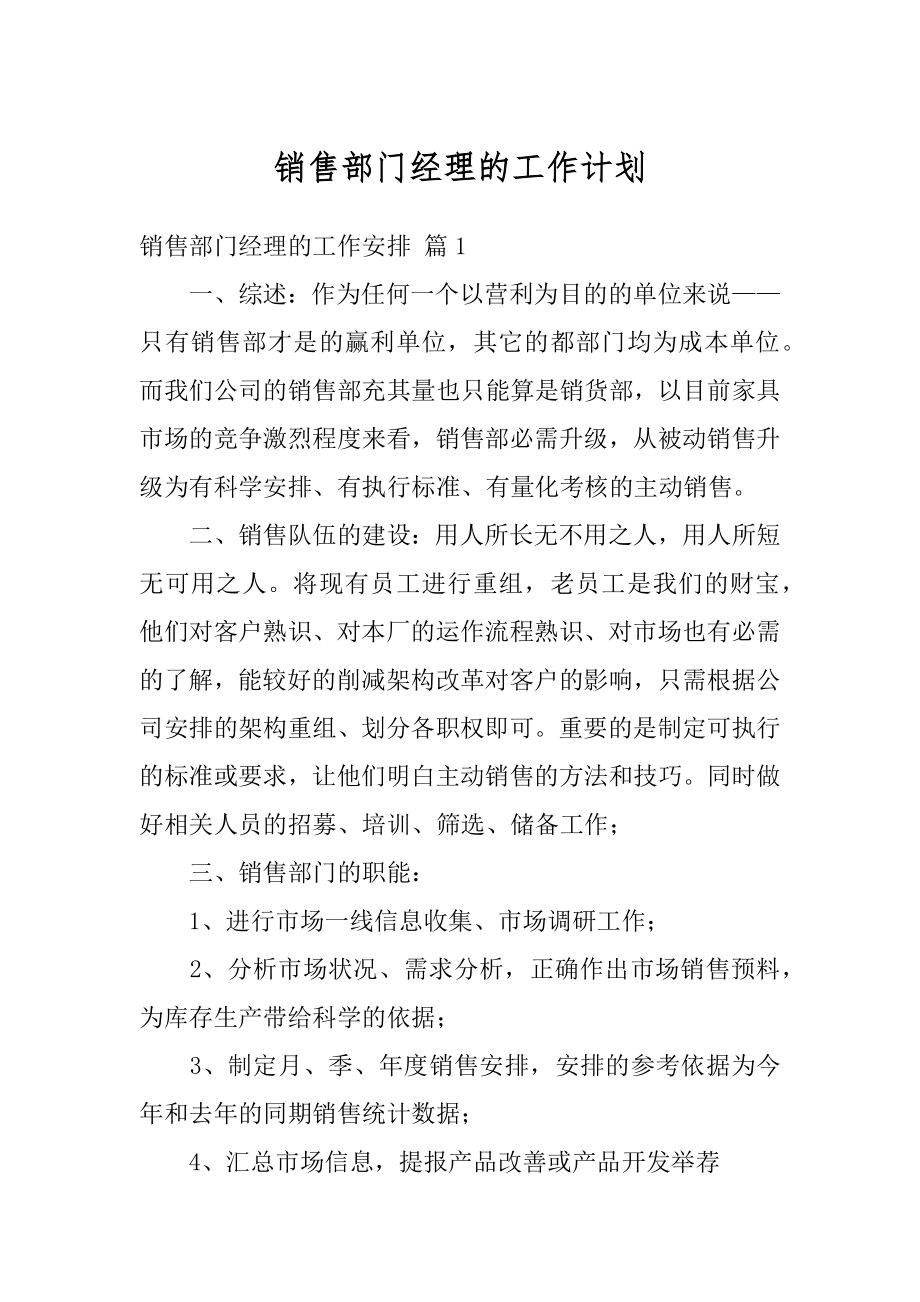 销售部门经理的工作计划例文.docx_第1页