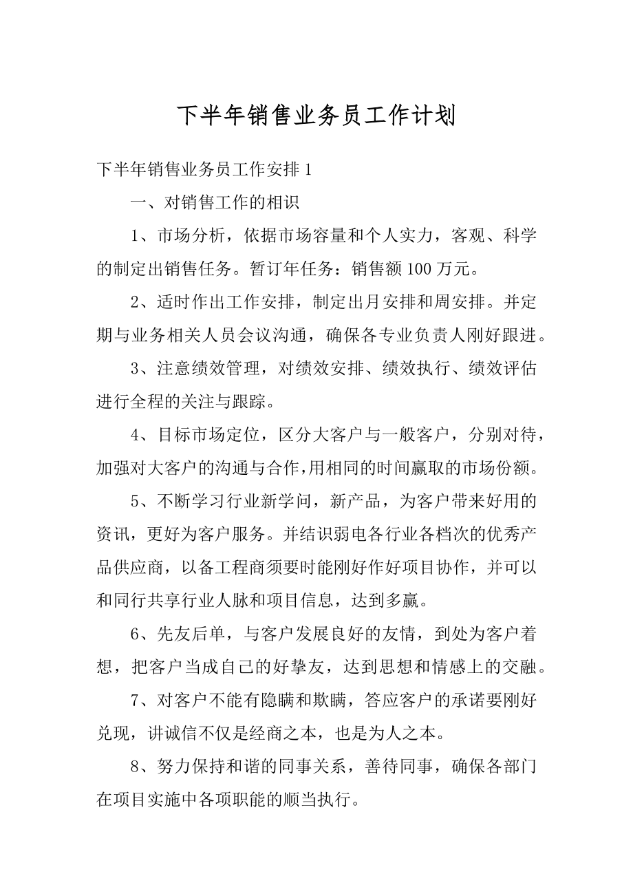 下半年销售业务员工作计划精编.docx_第1页