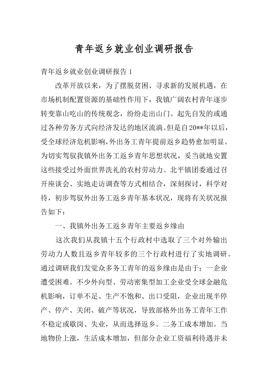 青年返乡就业创业调研报告精品.docx_第1页