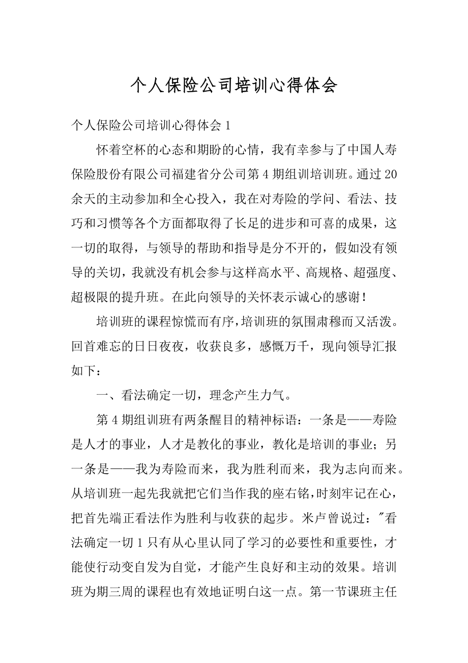 个人保险公司培训心得体会范本.docx_第1页