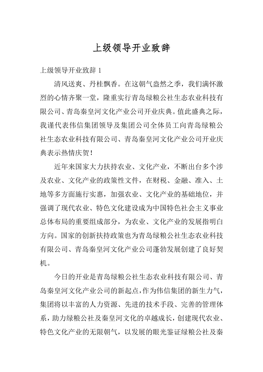 上级领导开业致辞最新.docx_第1页