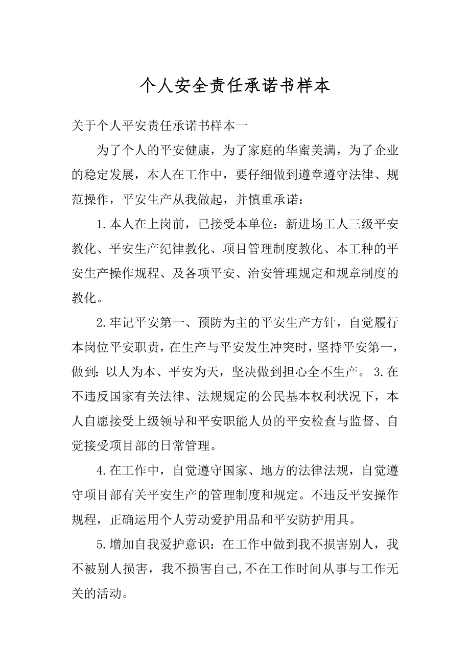 个人安全责任承诺书样本精品.docx_第1页