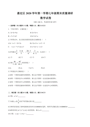 上海市嘉定区2020-2021学年第一学期七年级期末质量调研数学试题.docx