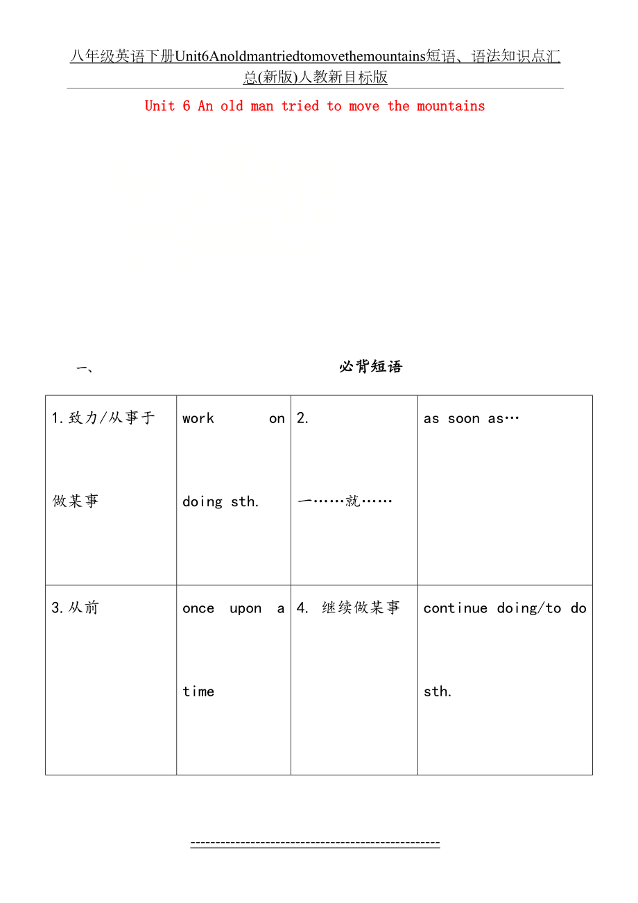 八年级英语下册Unit6Anoldmantriedtomovethemountains短语、语法知识点汇总(新版)人教新目标版.doc_第2页