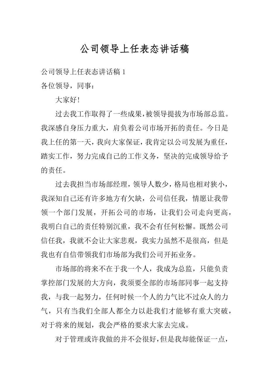 公司领导上任表态讲话稿范本.docx_第1页