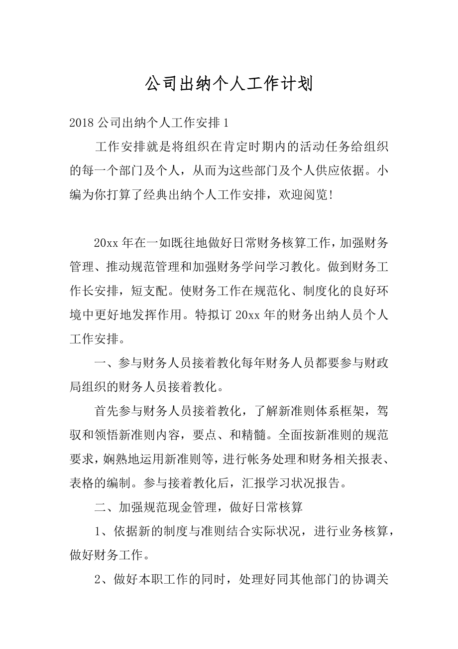 公司出纳个人工作计划最新.docx_第1页