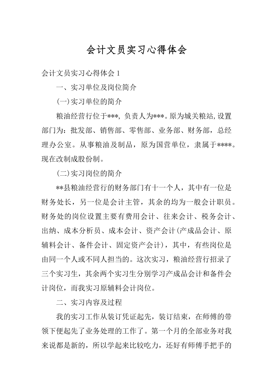 会计文员实习心得体会范本.docx_第1页