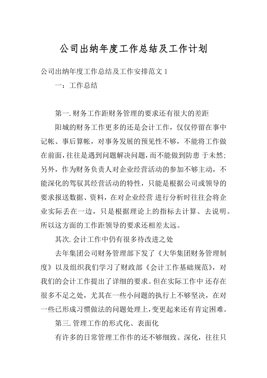 公司出纳年度工作总结及工作计划范本.docx_第1页