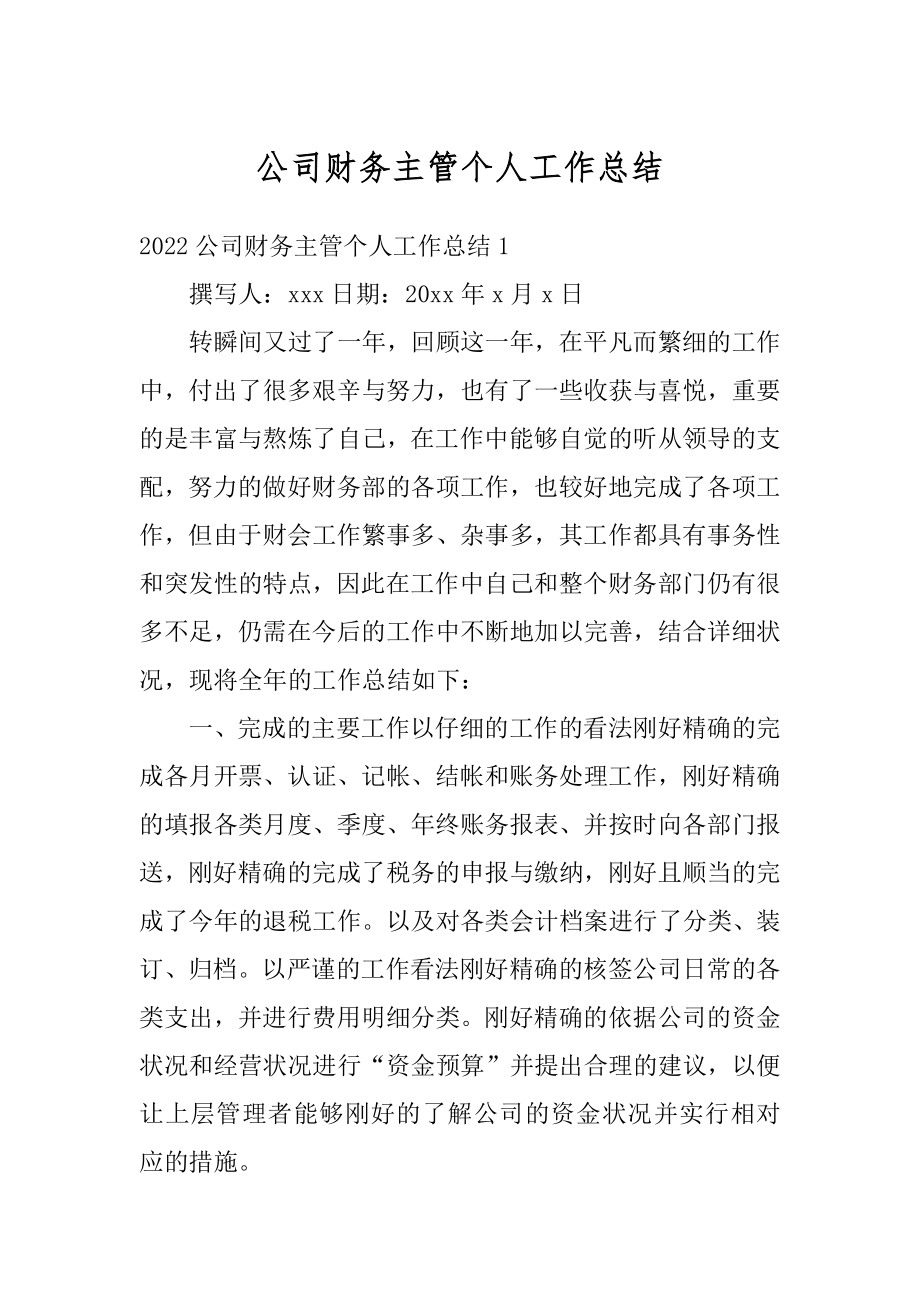 公司财务主管个人工作总结范例.docx_第1页