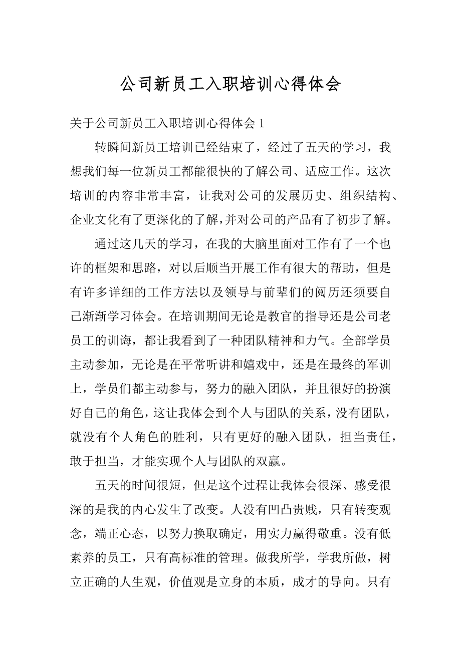 公司新员工入职培训心得体会汇编.docx_第1页