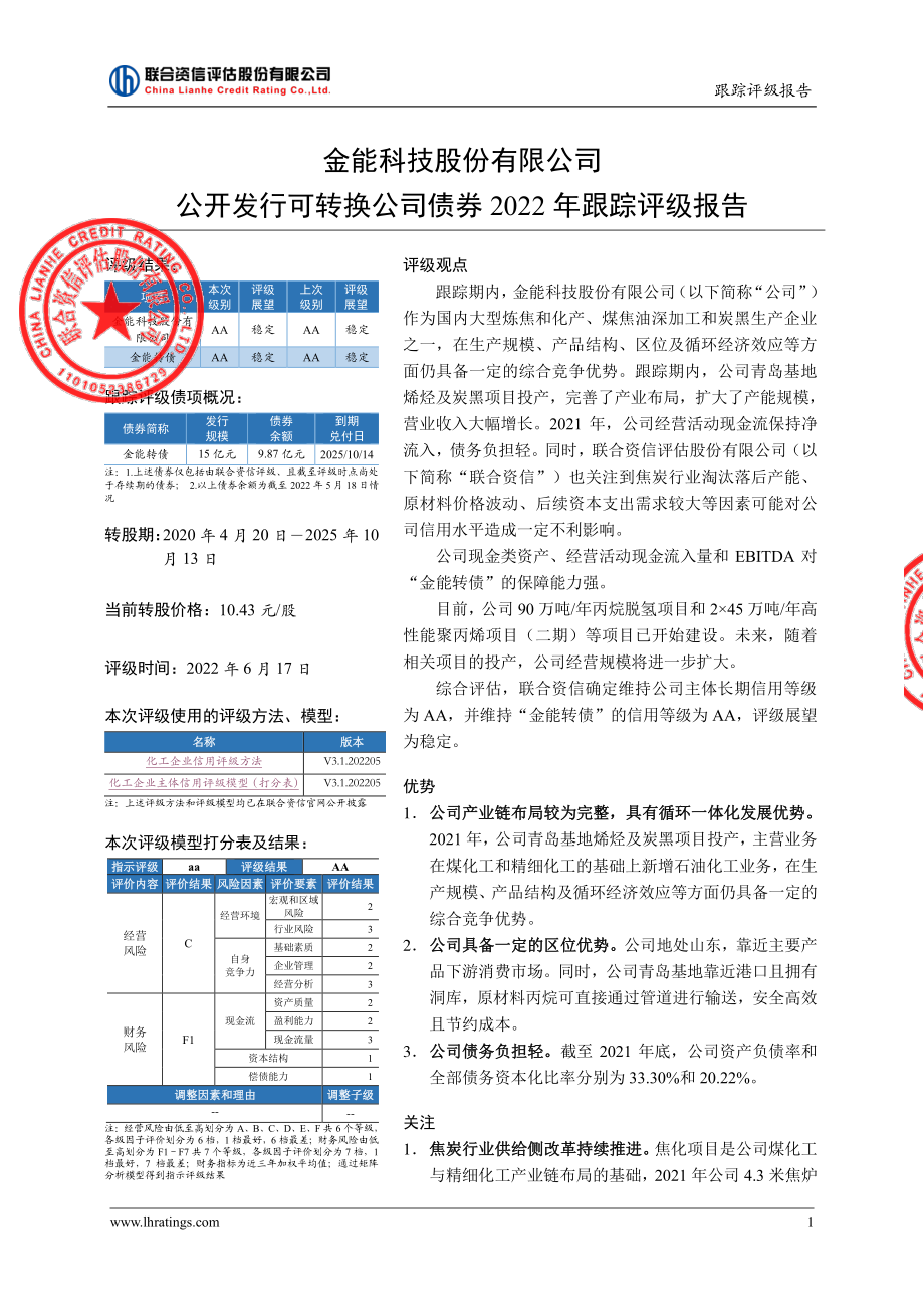 金能科技：金能科技股份有限公司公开发行可转换公司债券2022年跟踪评级报告.PDF_第2页