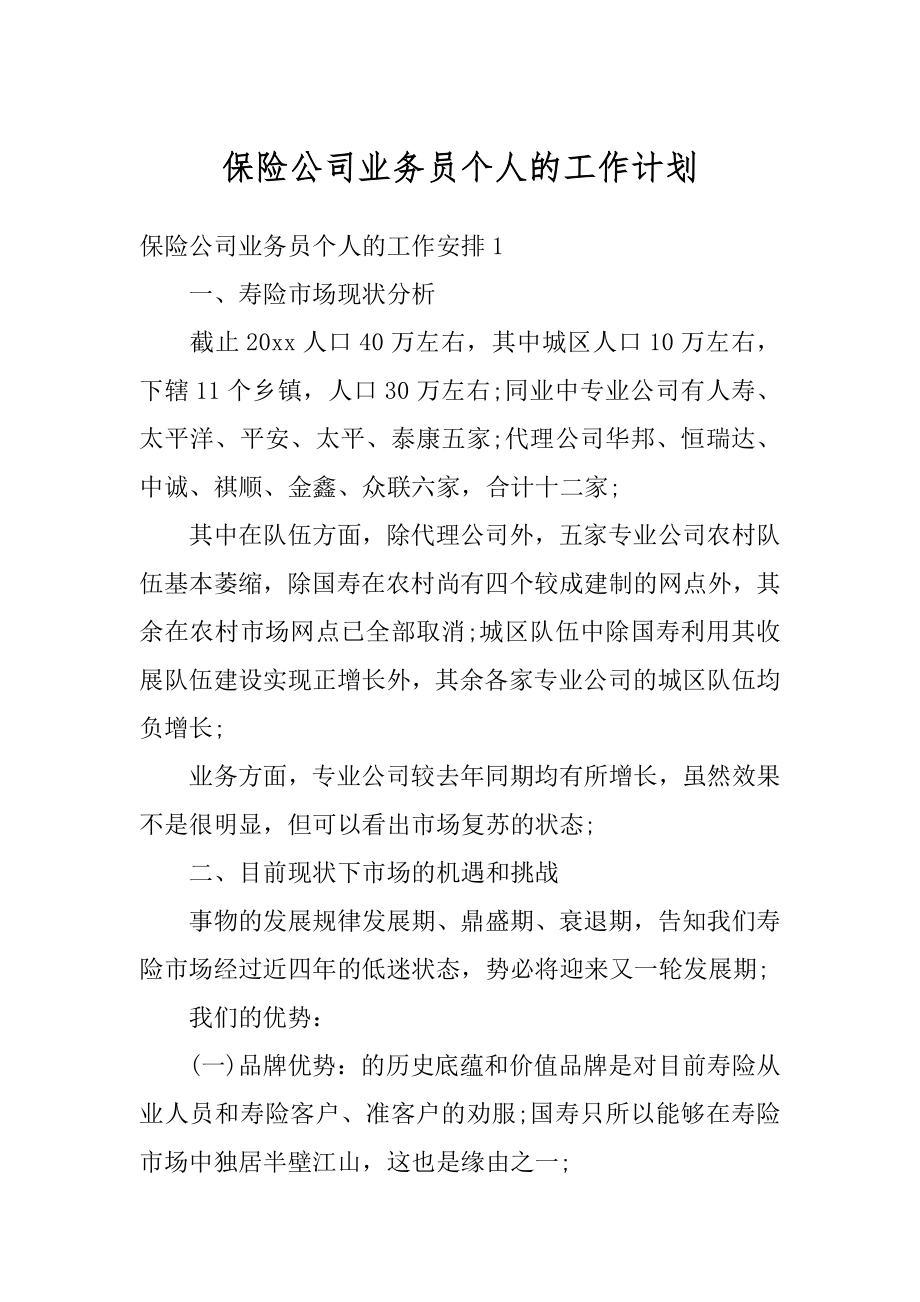 保险公司业务员个人的工作计划优质.docx_第1页