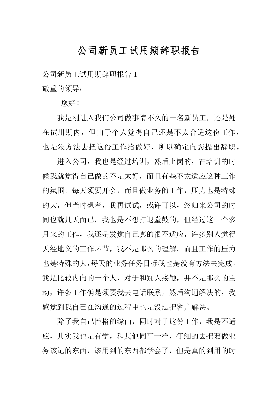 公司新员工试用期辞职报告汇总.docx_第1页