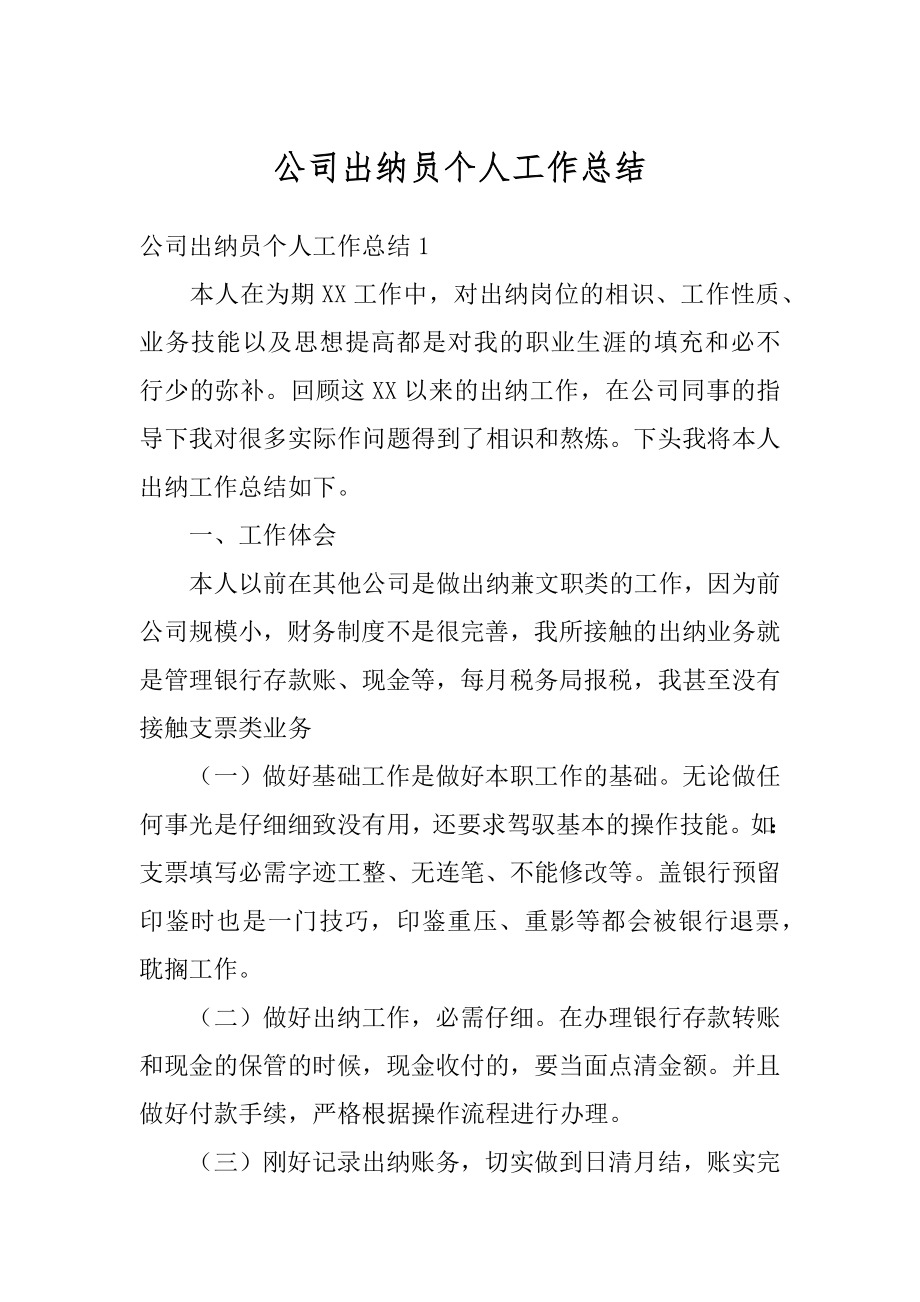 公司出纳员个人工作总结精选.docx_第1页