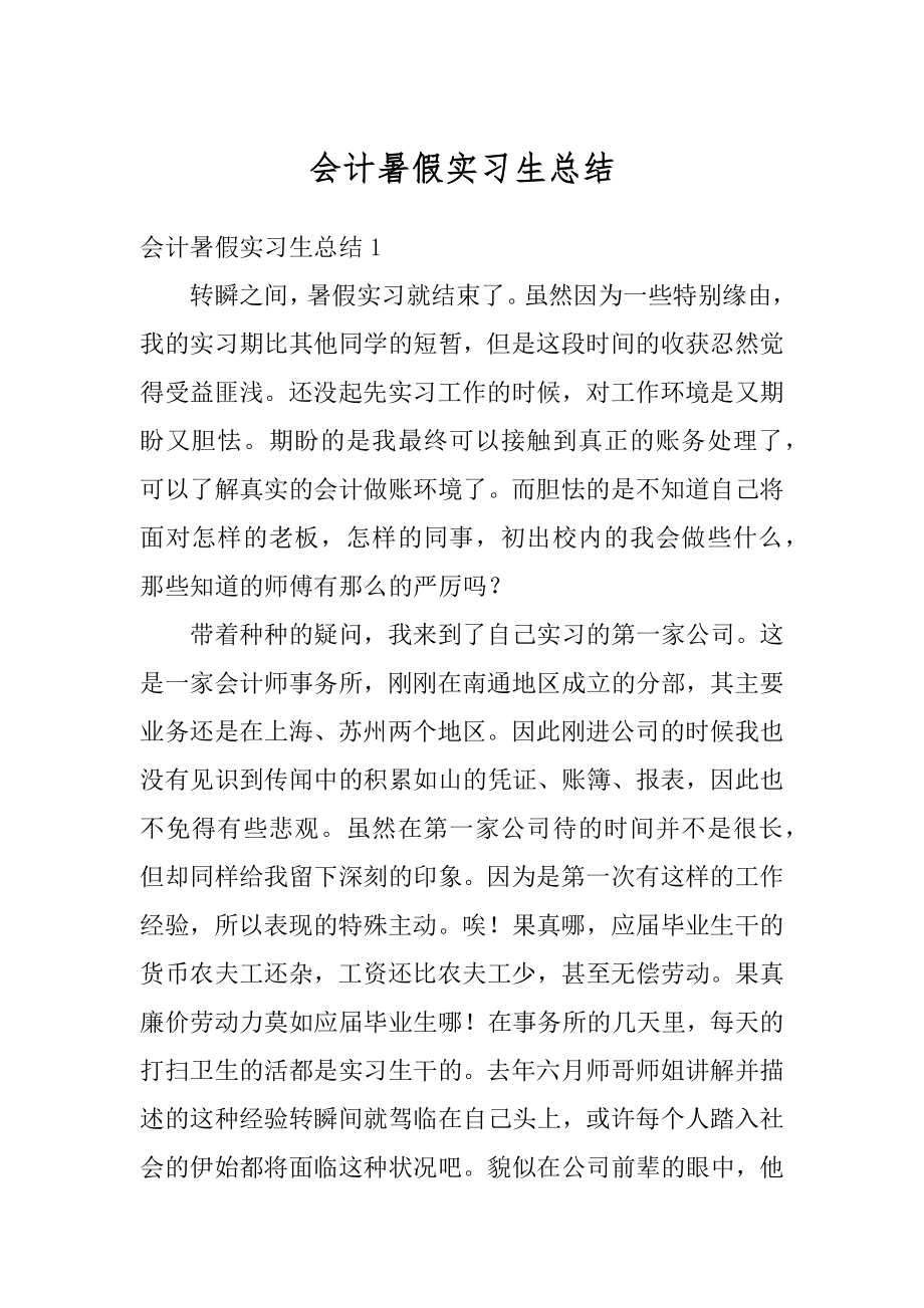 会计暑假实习生总结例文.docx_第1页