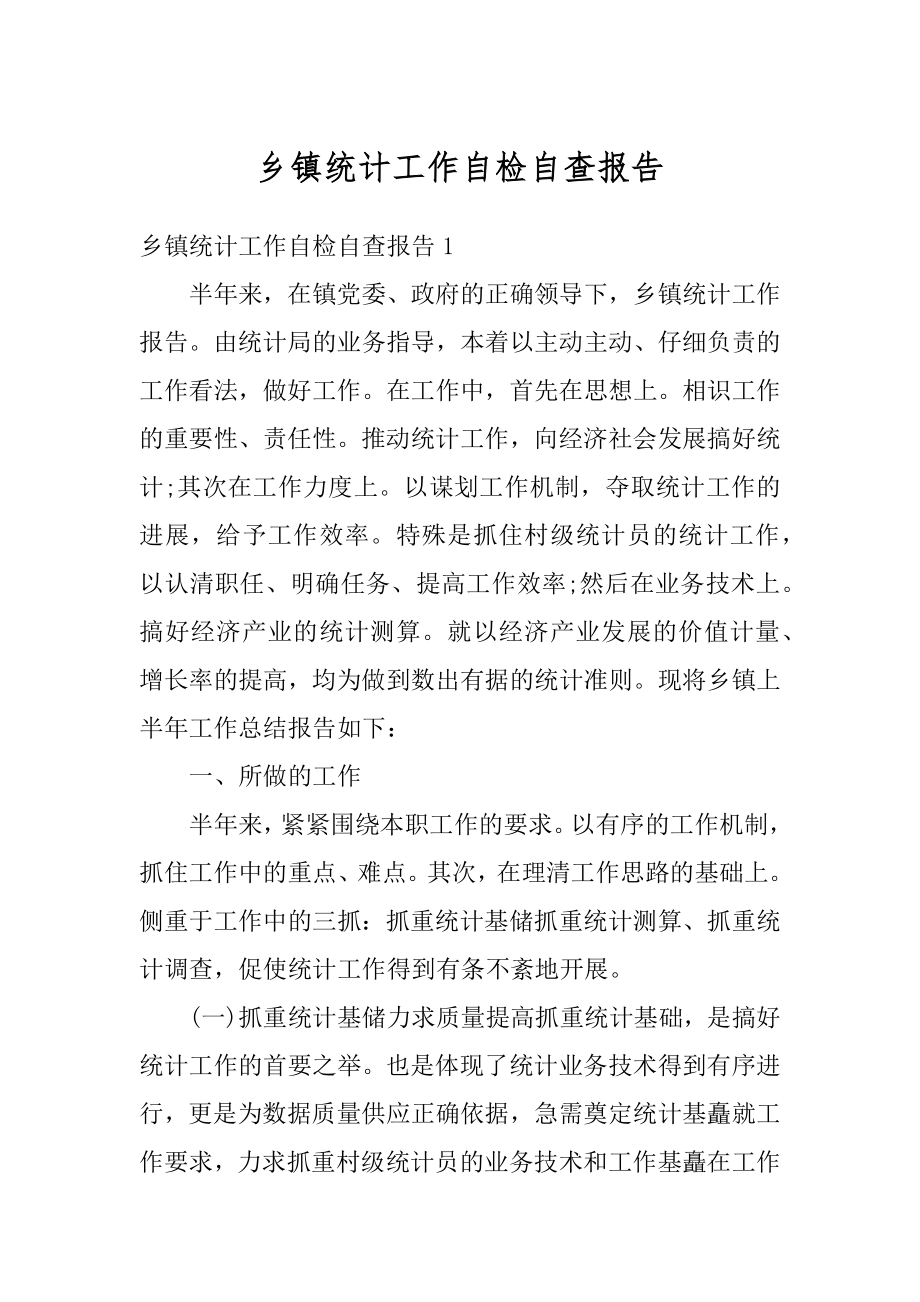 乡镇统计工作自检自查报告范本.docx_第1页