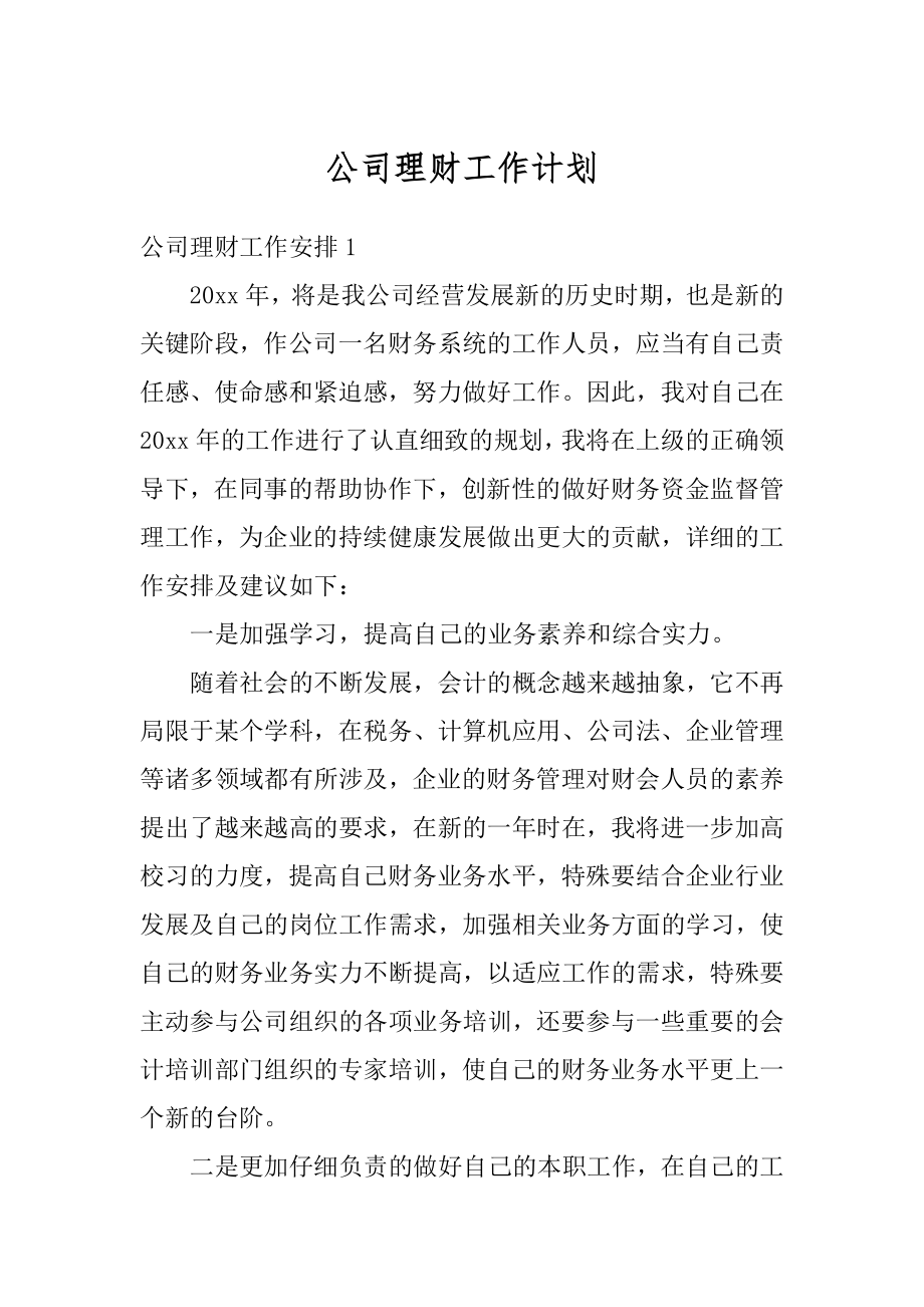 公司理财工作计划精编.docx_第1页