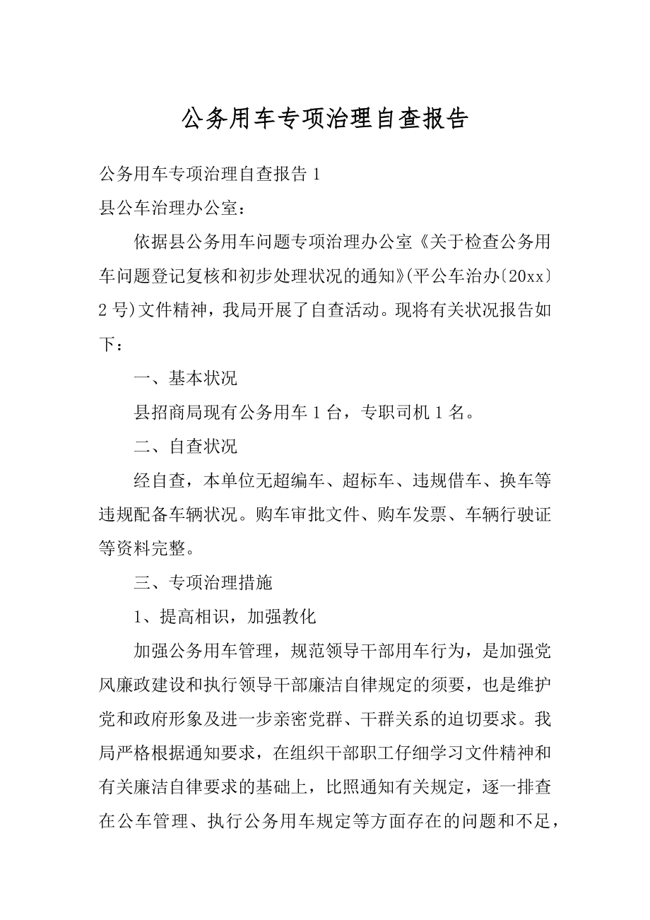 公务用车专项治理自查报告优质.docx_第1页