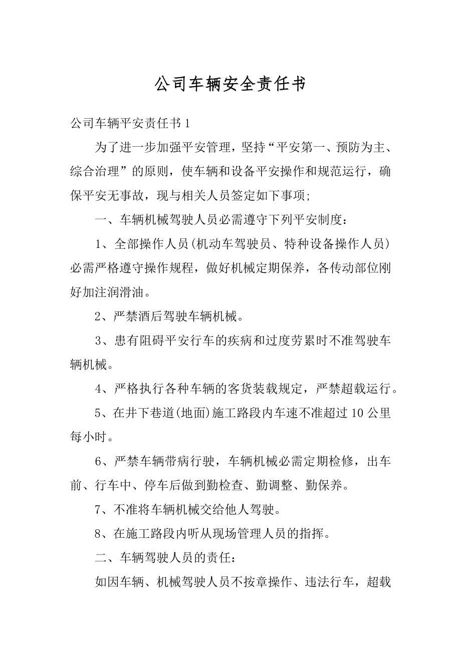 公司车辆安全责任书精选.docx_第1页