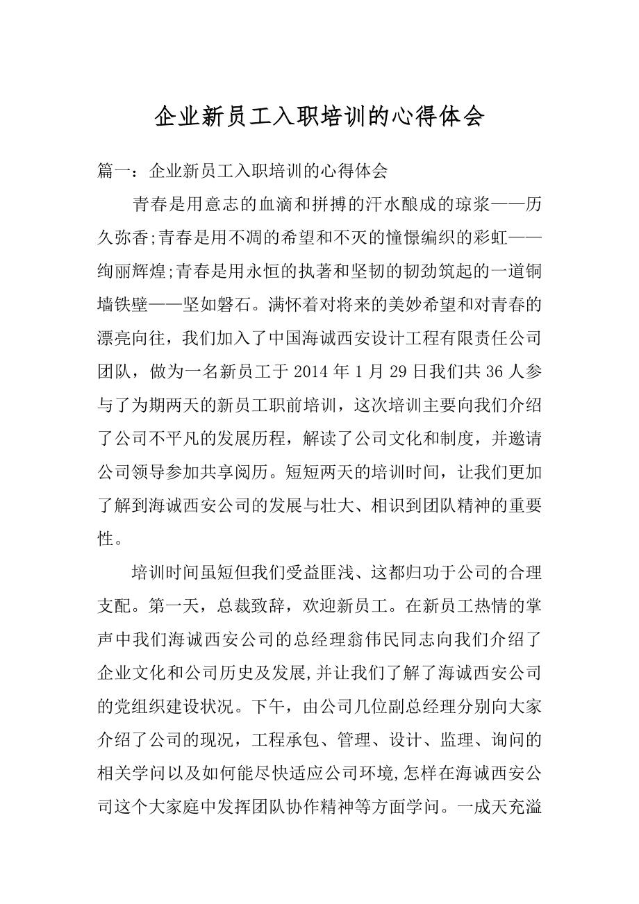 企业新员工入职培训的心得体会精编.docx_第1页