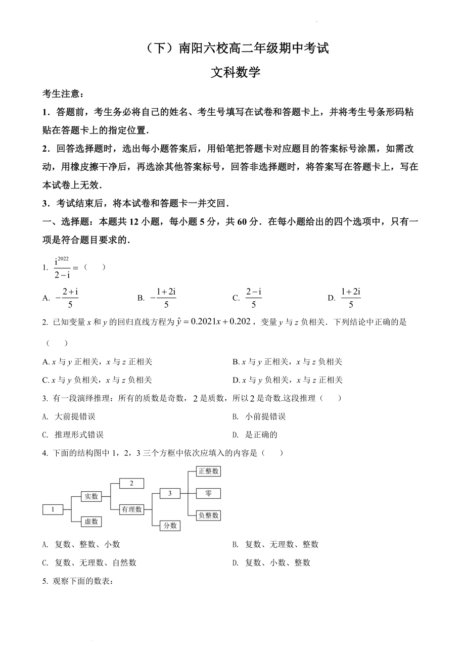 河南省南阳六校2021-2022学年高二下学期期中数学（文）试题.docx_第1页