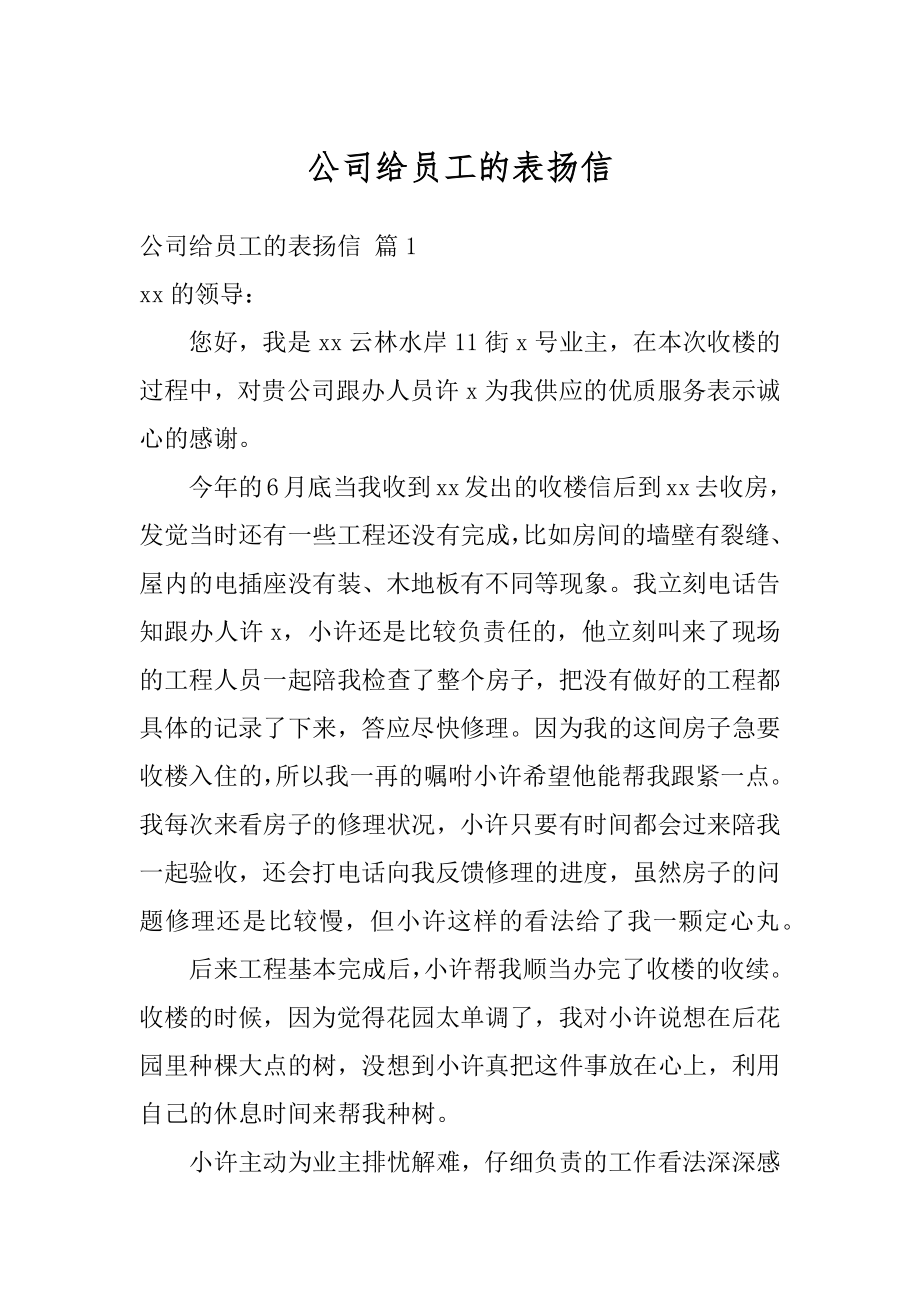 公司给员工的表扬信优质.docx_第1页