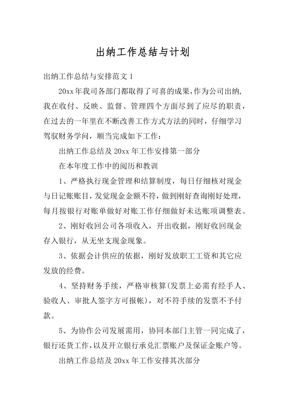 出纳工作总结与计划精编.docx_第1页