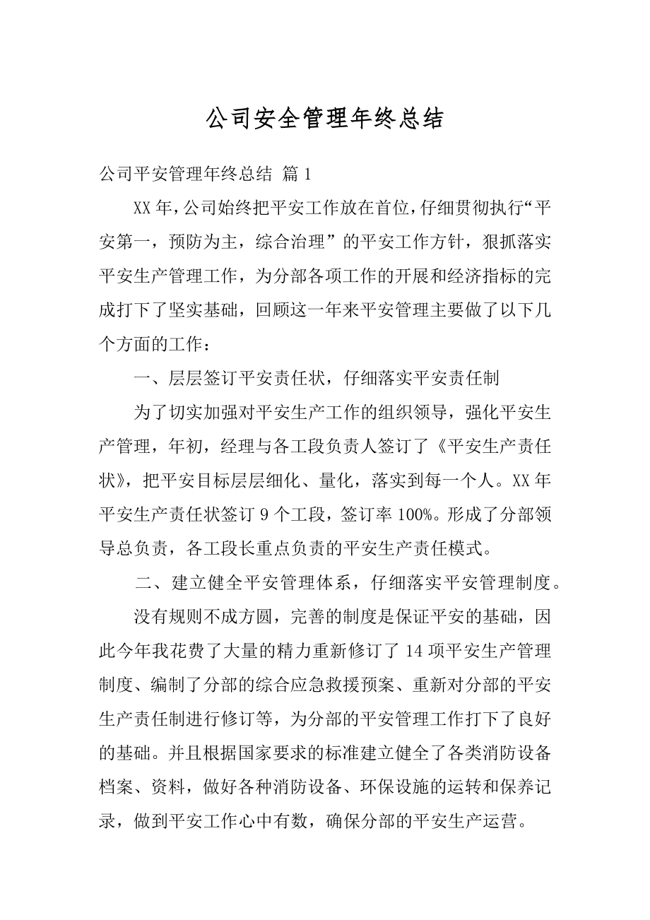 公司安全管理年终总结精选.docx_第1页