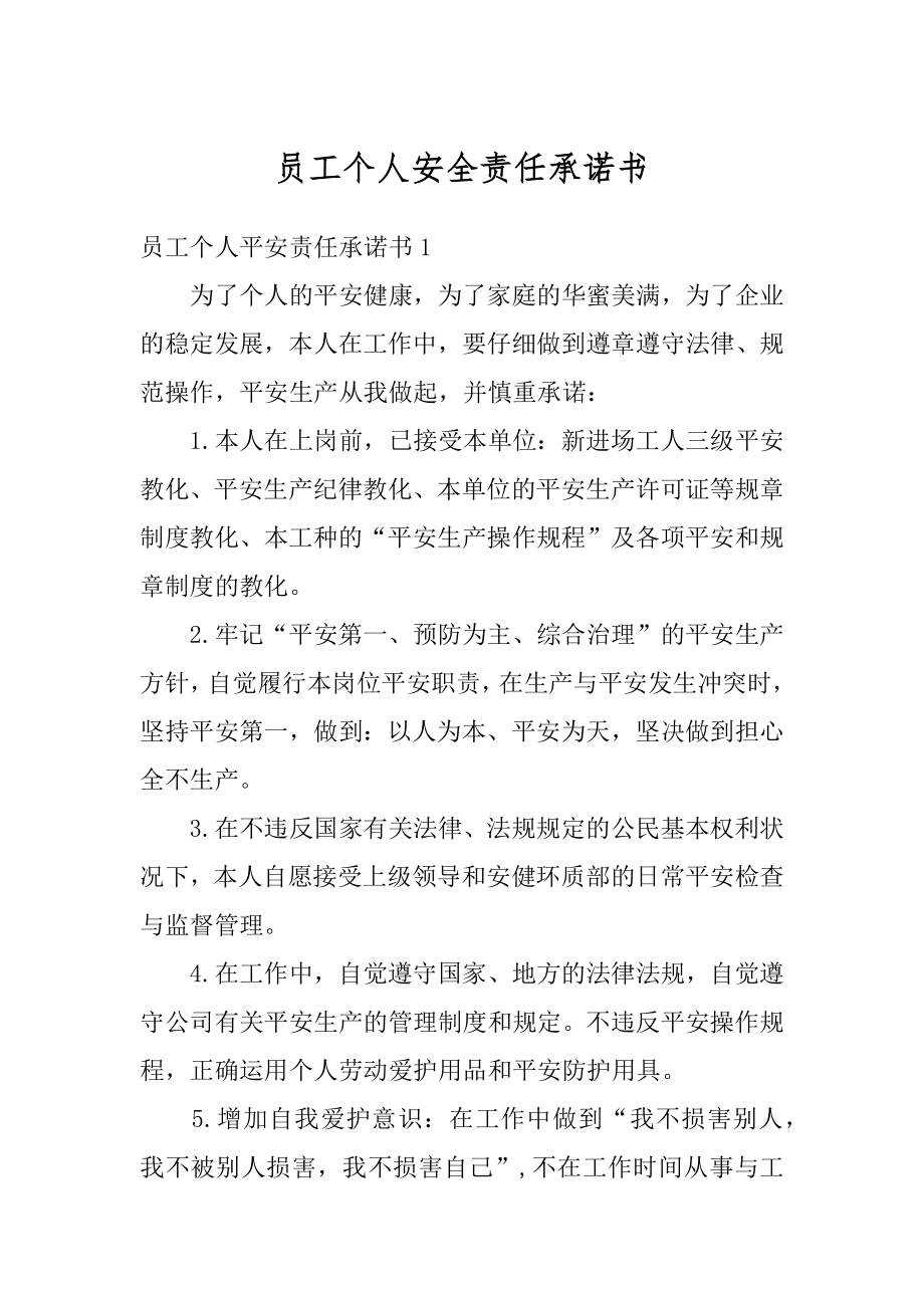 员工个人安全责任承诺书例文.docx_第1页