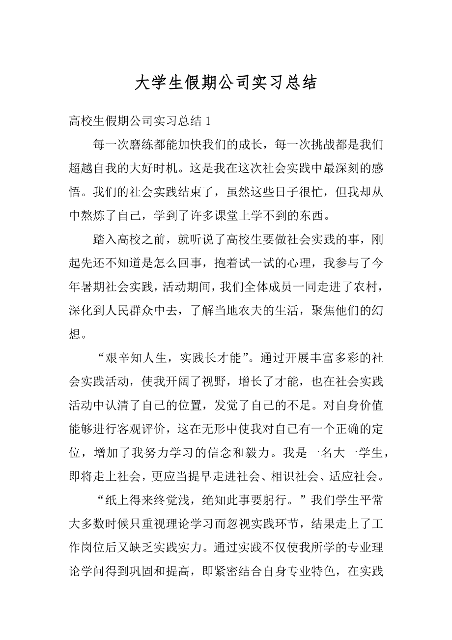 大学生假期公司实习总结例文.docx_第1页