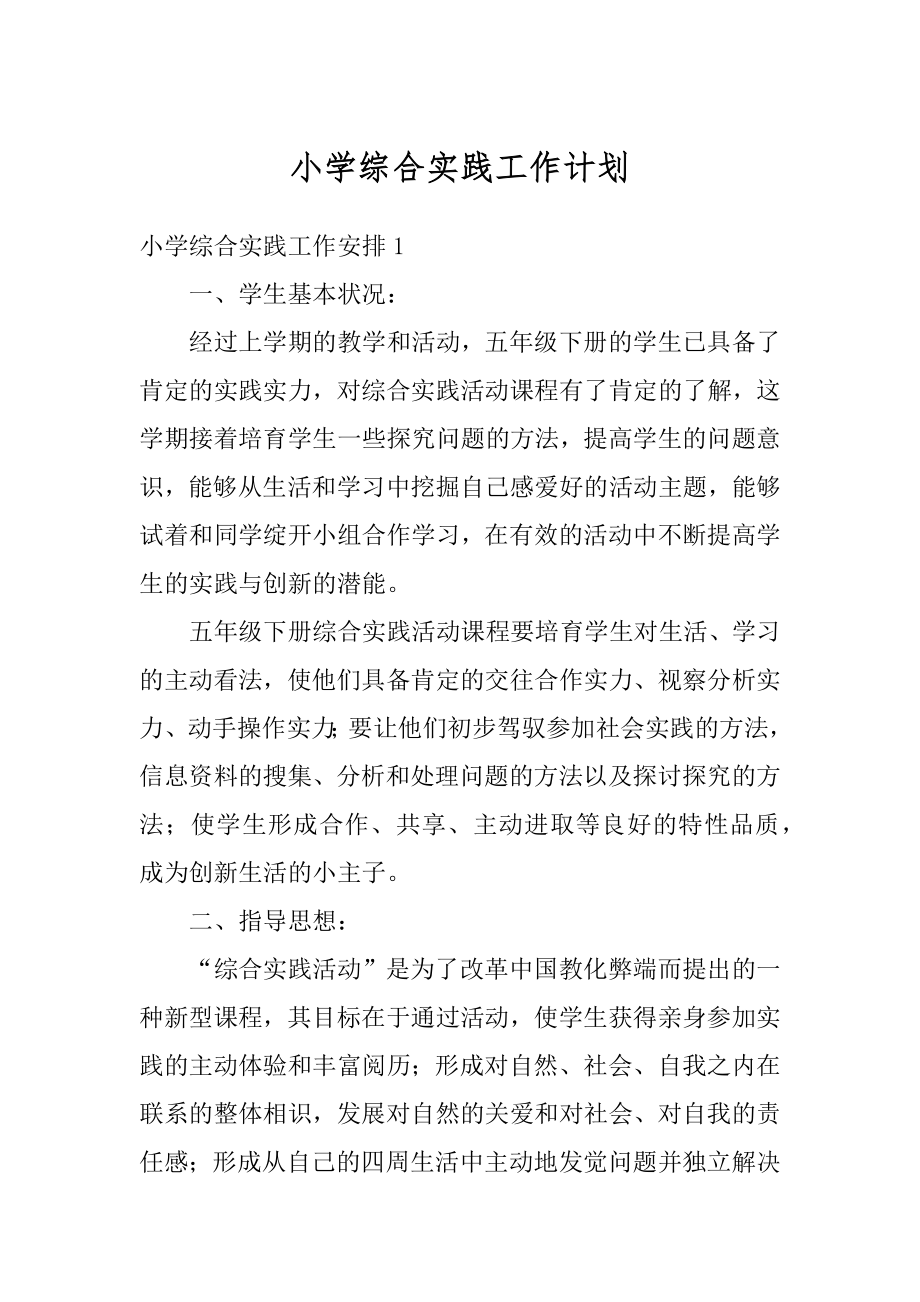 小学综合实践工作计划精选.docx_第1页