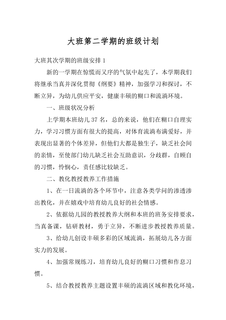 大班第二学期的班级计划精选.docx_第1页