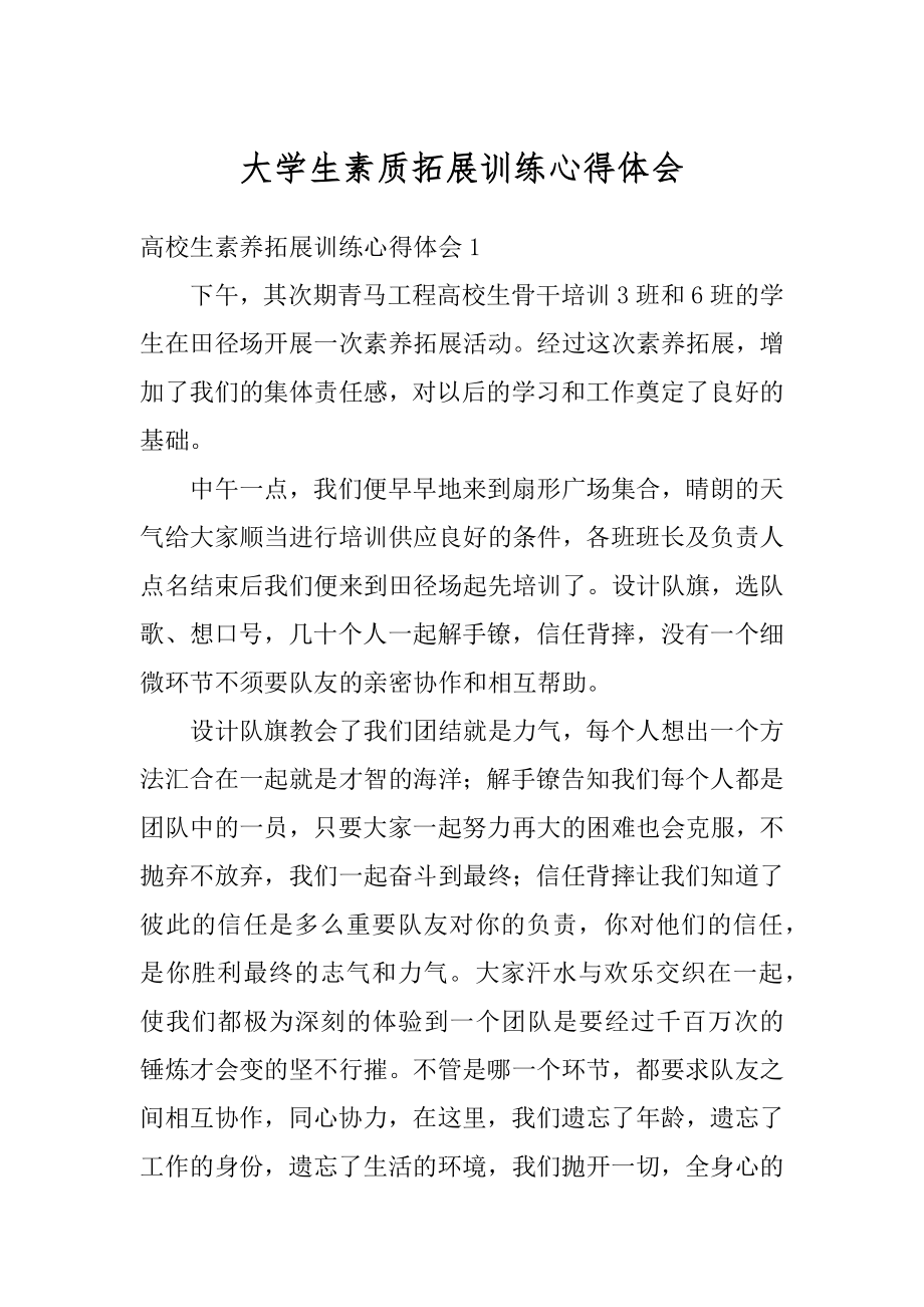 大学生素质拓展训练心得体会例文.docx_第1页