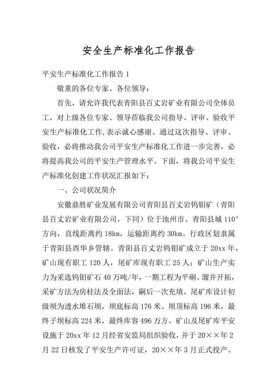 安全生产标准化工作报告范本.docx_第1页