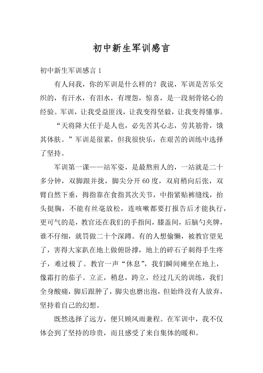 初中新生军训感言精选.docx_第1页