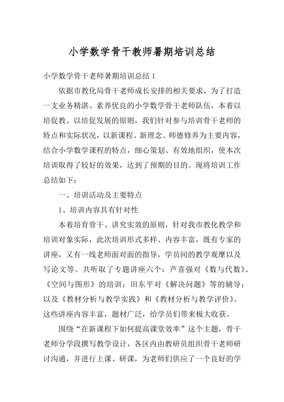 小学数学骨干教师暑期培训总结例文.docx_第1页