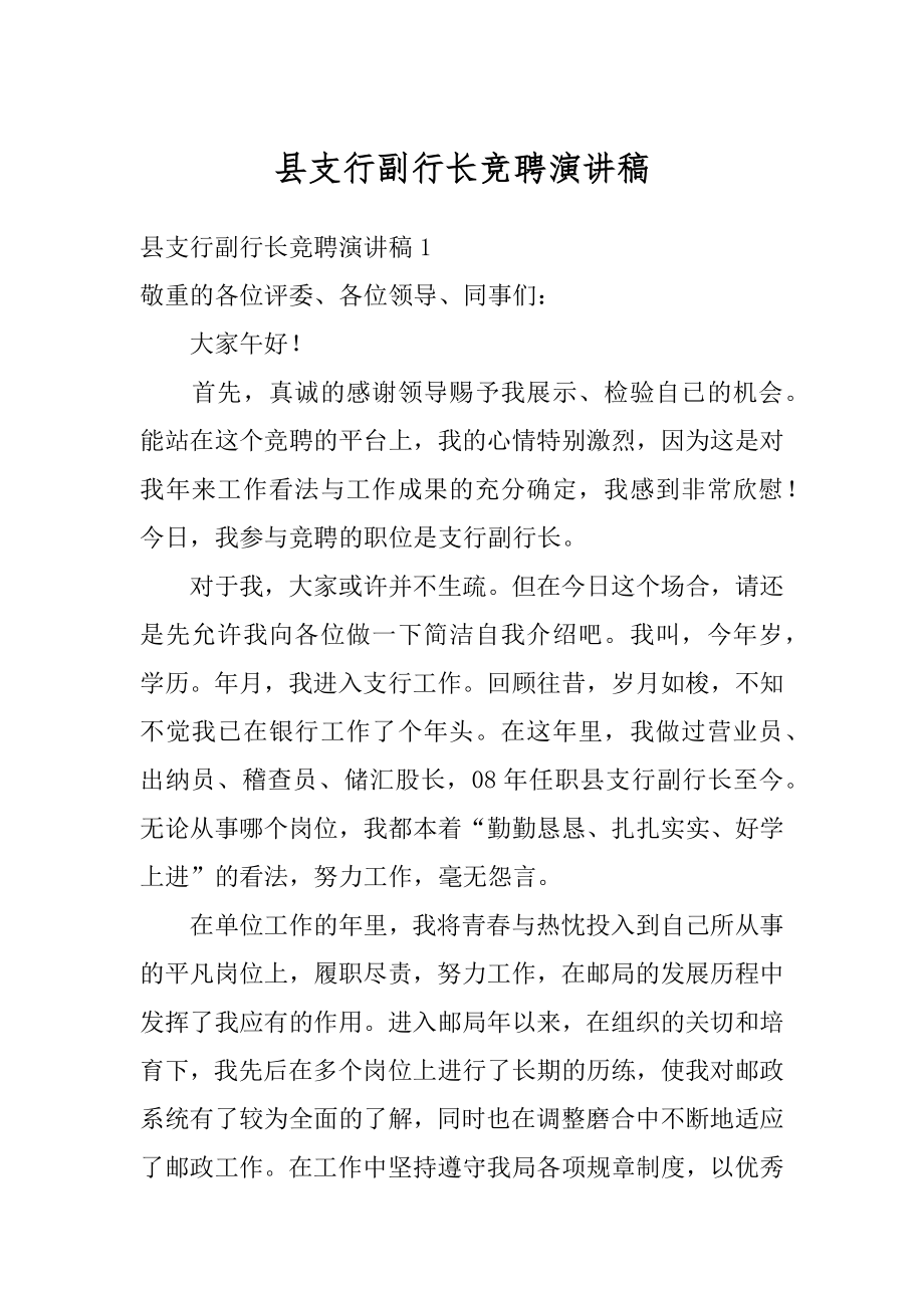 县支行副行长竞聘演讲稿精编.docx_第1页