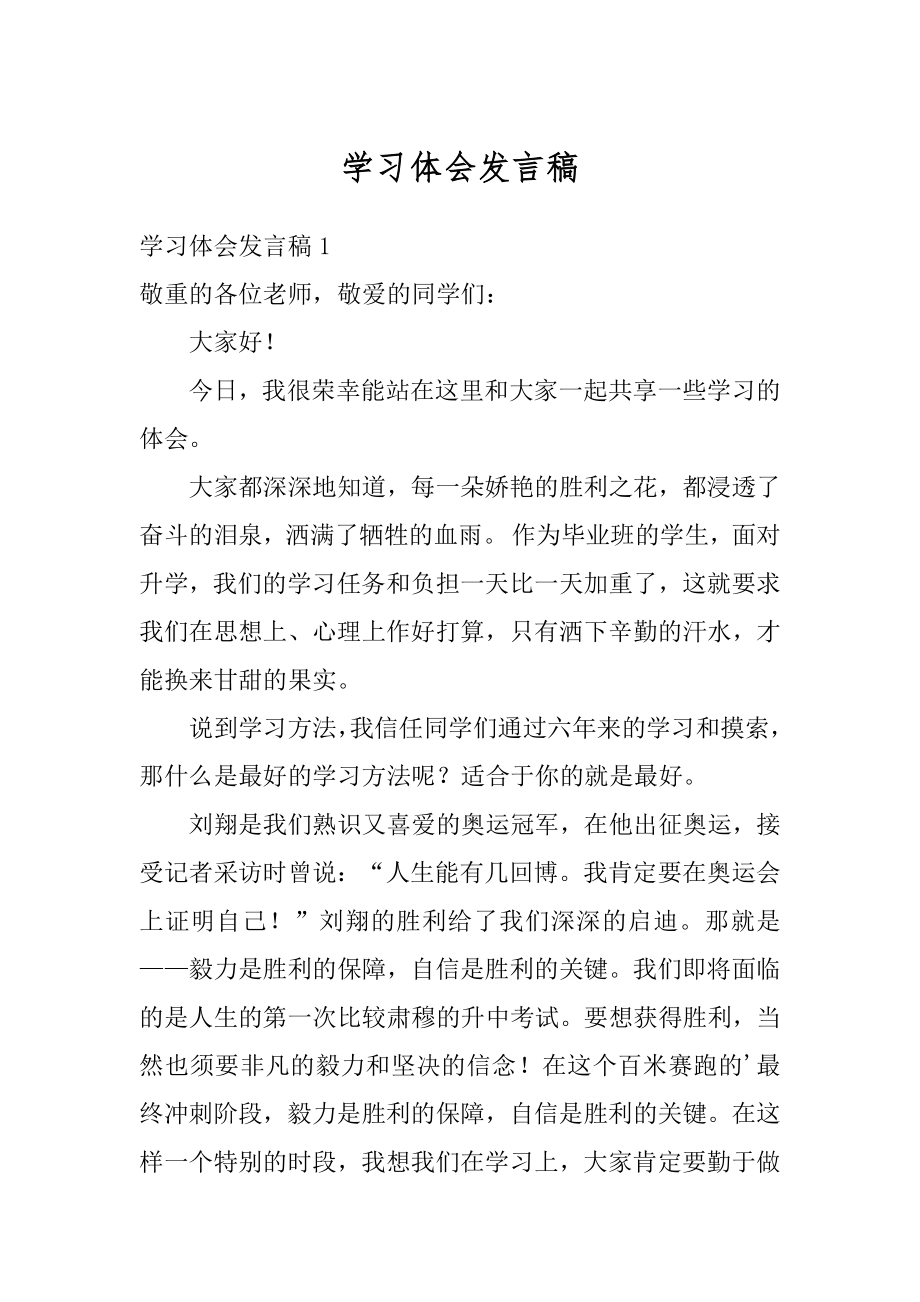 学习体会发言稿优质.docx_第1页