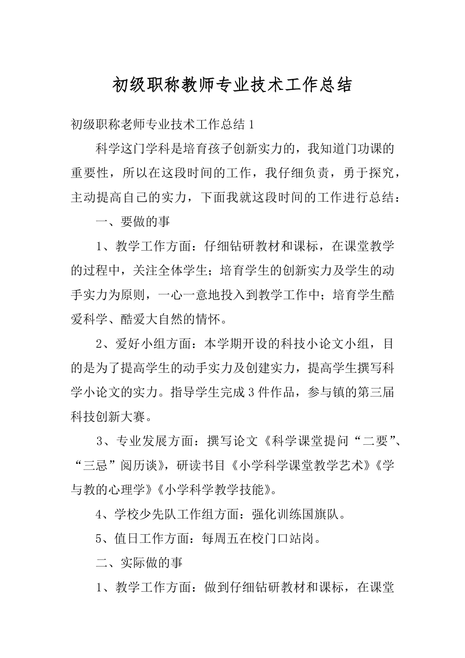 初级职称教师专业技术工作总结范例.docx_第1页