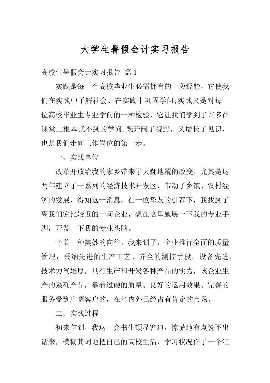 大学生暑假会计实习报告范例.docx_第1页