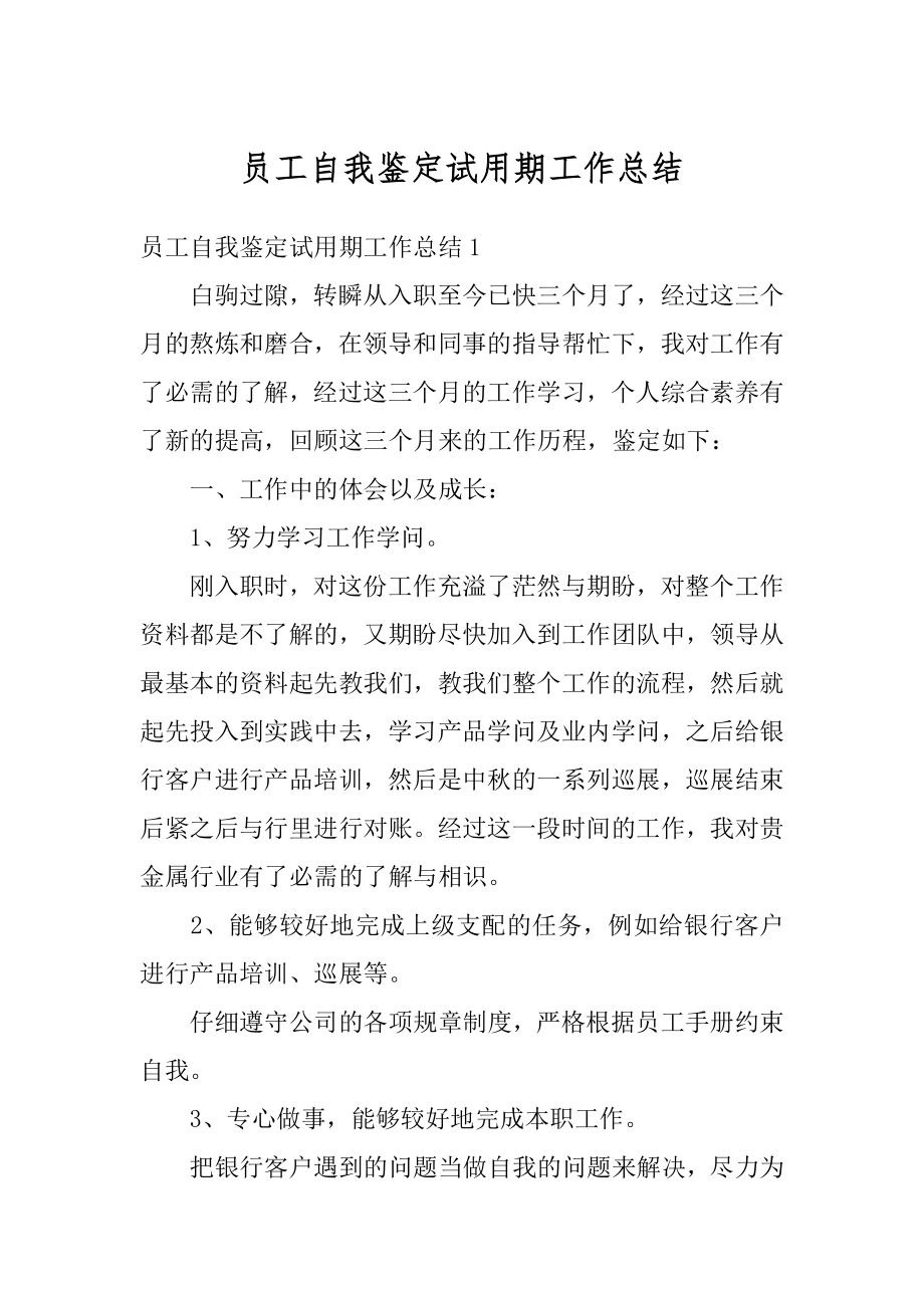 员工自我鉴定试用期工作总结例文.docx_第1页