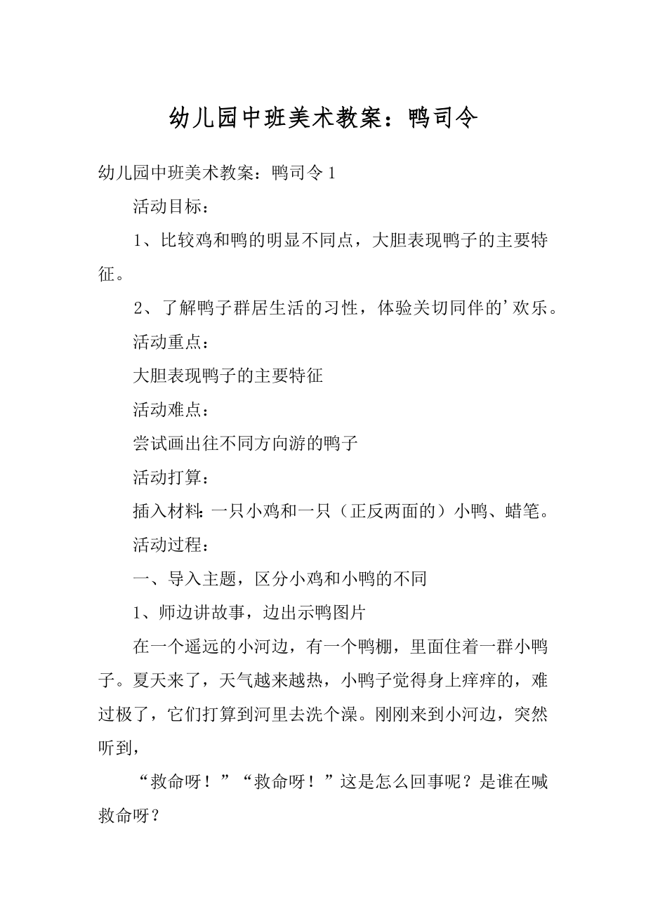 幼儿园中班美术教案：鸭司令范例.docx_第1页