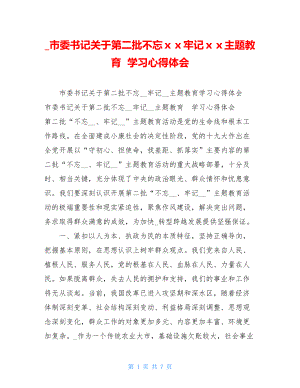 _市委书记关于第二批不忘ｘｘ牢记ｘｘ主题教育学习心得体会.doc