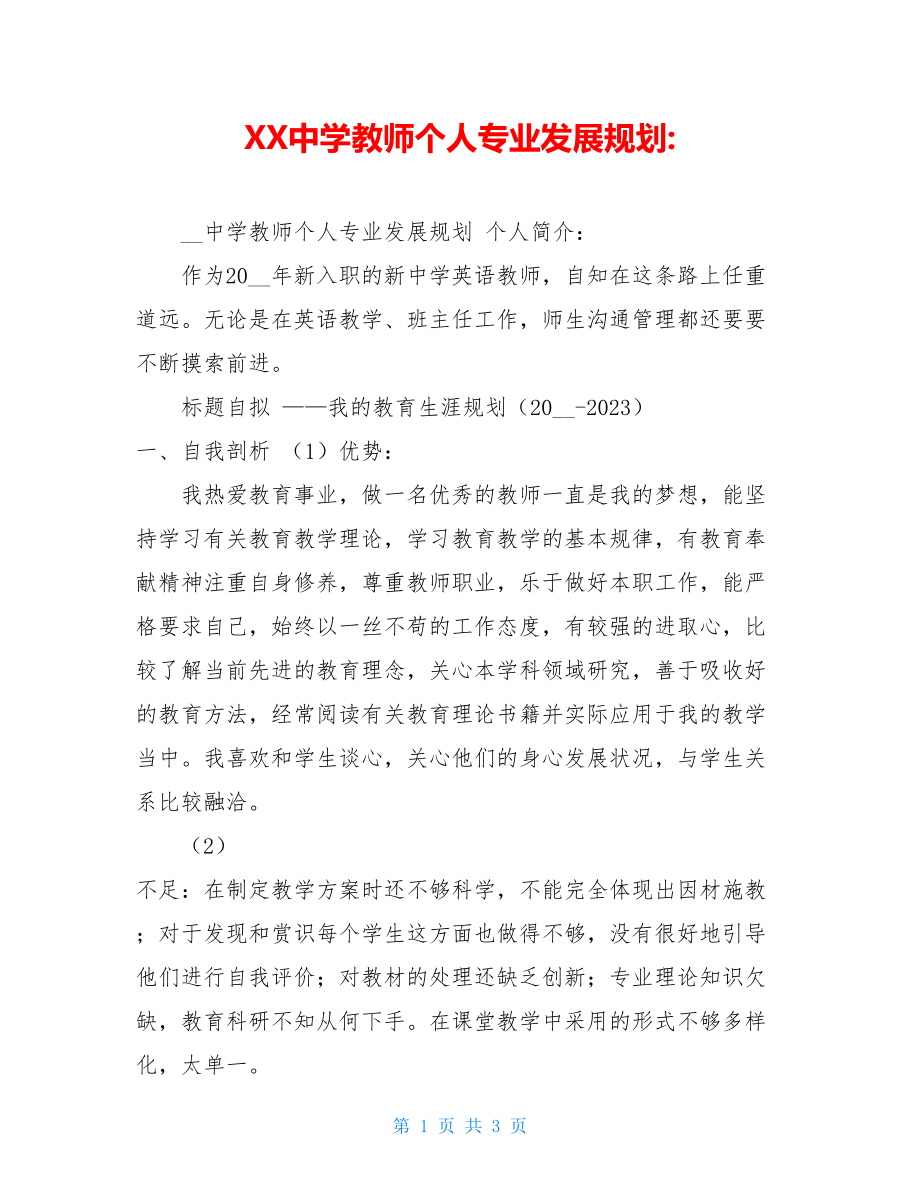 XX中学教师个人专业发展规划-.doc_第1页