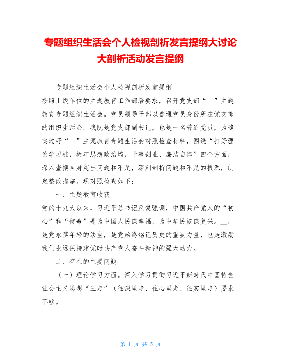 专题组织生活会个人检视剖析发言提纲大讨论大剖析活动发言提纲.doc_第1页